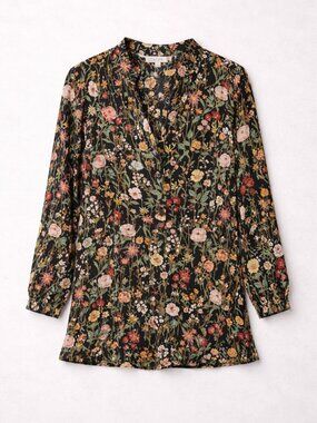 LOFT Women's  Floral Ruffle Split Neck Dress Small Petite